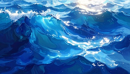 Wall Mural - Vibrant blue ocean waves create an abstract background of shimmering surface textures and deep underwater reflections