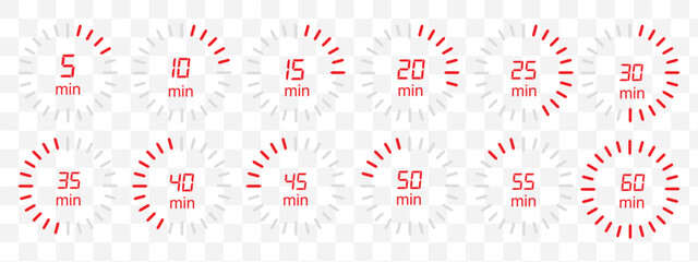 Wall Mural - Digital countdown timer icons from 5 to 60 second, circular progress bars in blue, vector design set. Timer and stopwatch icon set with digital numbers. Digital clock for time with second symbols.