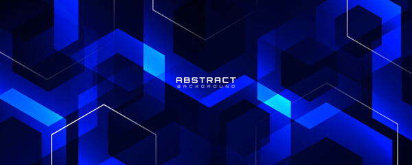 Wall Mural - Futuristic blue abstract background with overlapping hexagon shapes and glowing geometric lines, modern digital technology design for banner, web template, corporate presentation and innovation theme