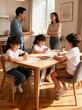 © TimosBlickfang - Family with children drawing at wooden dining table in sunlit living space