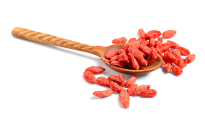 Wall Mural - Wooden spoon with red dried goji berries on white background