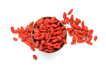 Wall Mural - Wooden bowl with red dried goji berries on white background