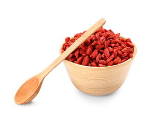 Wall Mural - Wooden bowl with red dried goji berries on white background