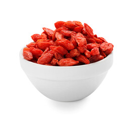 Wall Mural - Bowl with red dried goji berries on white background