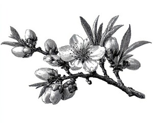 Almond Engraving. Antique Botanical Illustration of Almond Tree Branch