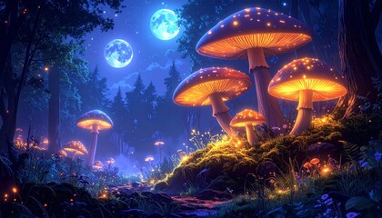 Wall Mural - Dark fantasy landscape illustration with a blue night sky, moon, stars, and an abstract magic lamp near a castle