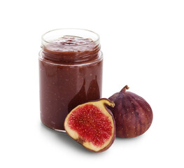 Wall Mural - Glass jar with sweet fig jam isolated on white background, closeup