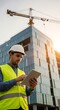 © MdNazim - Construction worker using tablet near building crane