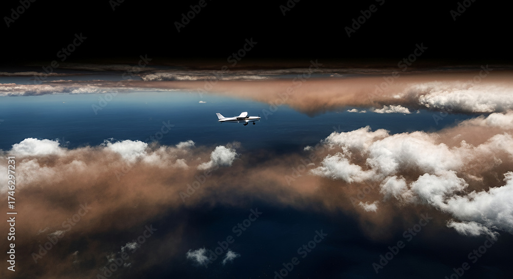 Airplane flying above clouds with dramatic sky reflection for aviation ...