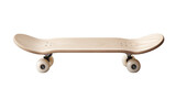 New wooden skateboard with light natural wood deck and white wheels viewed horizontally isolate