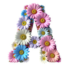 Wall Mural - Flower letter made of pastel daisies in pink, blue, white, and purple with yellow centers, creating bright and cheerful floral design perfect for spring or nature themes