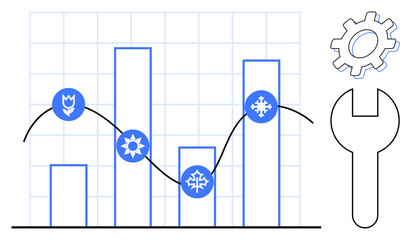 Vertical bars with seasonal icons, trend line overlaid on grid, wrench and gear. Ideal for analysis, planning, growth, productivity, development decision-making innovation. Simple flat metaphor