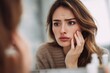 © Xenia_Stash - Concerned young woman looking reflection bathroom mirror touching her face checking skin problems.