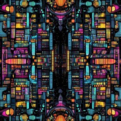 Wall Mural - Colorful cityscape with buildings and a reflection of the city in the water. Scene is vibrant and lively