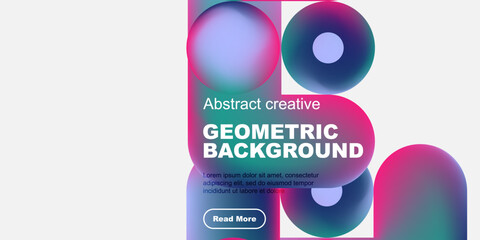 Wall Mural - Abstract geometric background features vibrant circles, text, button. Modern design with pink, blue hues. Minimalist composition.