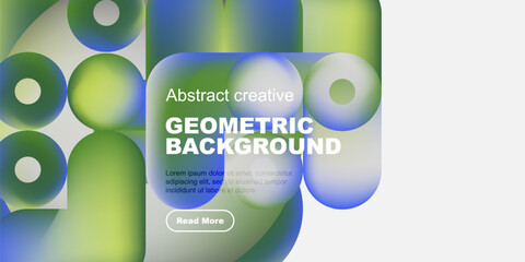 Wall Mural - Abstract geometric background features vibrant colors, rounded shapes, text overlay, button. Modern design, clean aesthetic.