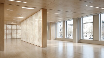 Wall Mural - Modern minimalist interior design with natural lighting and wooden accents for contemporary office spaces