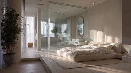 Wall Mural - Modern minimalist bedroom with glass-enclosed bathroom and natural light