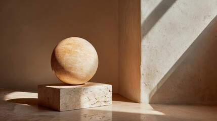 Wall Mural - Minimalist interior design with stone sphere and natural light in tranquil setting