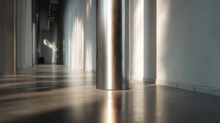 Wall Mural - Modern minimalist interior design with sunlit hallway and metallic column
