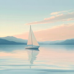  Sailboat is floating on a calm lake at sunset. The sky is a mix of pink and orange hues, creating a serene and peaceful atmosphere. The boat is the focal point of the scene