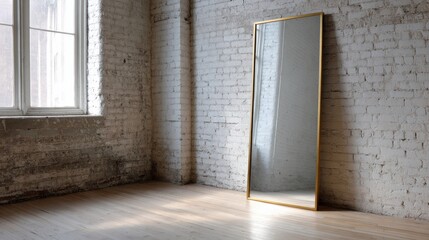 Wall Mural - Minimalist interior design with sunlit loft and floor mirror for modern living spaces