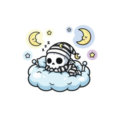  Adorable cartoon skeleton in striped pajamas sleeping peacefully on a fluffy cloud surrounded by smiling moons and stars in a dreamy night sky scene.