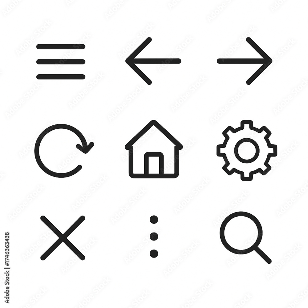 Pack of 9 minimal navigation icons: menu, back, forward, refresh, home ...