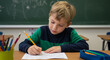 © Alina - Elementary student boy concentrating on math worksheet at classroom desk, education and learning focus