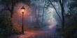 © Cloudyew - Path in a forest with a lamp post lit up. The light is orange and the path is wet