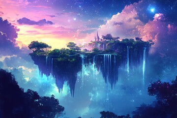 Wall Mural - Beautiful blue sky with a castle in the middle and a waterfall. The sky is filled with stars and the castle is surrounded by trees