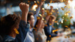 © Kateryna - Top view of leadership team celebrating success at boardroom arms up faces out of frame confetti scattered environment defocused celebration overhead faceless background