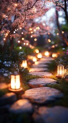 Wall Mural - Serene pathway is illuminated by a series of lights, creating a peaceful and calming atmosphere. The path is surrounded by trees