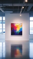 Wall Mural - A colorful painting is hanging on a white wall
