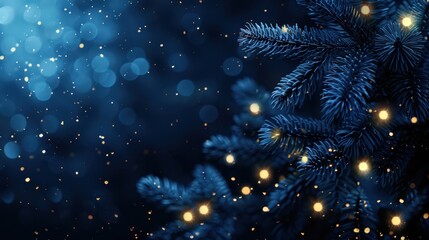 Wall Mural - dark blue christmas fir tree branches background with gold glowing lights