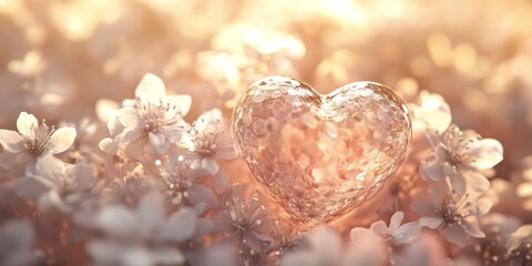 Wall Mural - Heart is placed in a field of flowers, surrounded by petals. The heart is made of glass and he is floating in the air. Concept of love and beauty