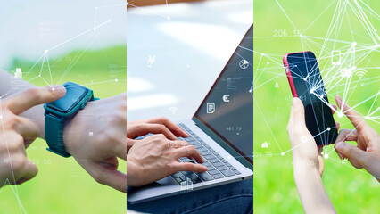 Wall Mural - network, dx, iot, digital, smartphone, smart phone, smartwatch, laptop, pc, collage, wireless, radio, data, ai, cloud, mobile, 5g, 6g, connected, communication, blockchain, block chain, electronics, d