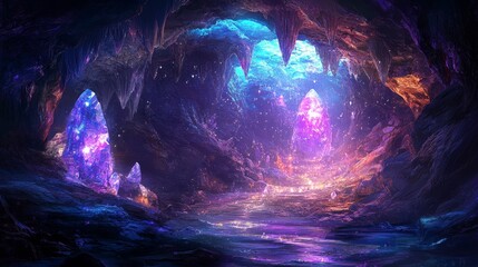 Wall Mural - A cave with two large purple rocks and a blue river. The cave is filled with light and the rocks are glowing