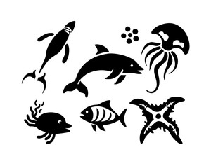  Sea life silhouettes with dolphin, fish and jellyfish