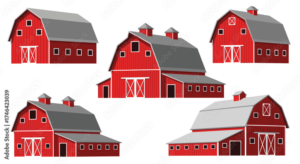 Five classic red barns with gray roofs and white trim. Stock Vector ...