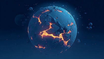 Wall Mural - Cosmic Globe Surrounded by Volcanic Fissures and Molten Lava Streams in a Dark Space Setting