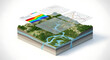 © arozzmer - GIS Isometric 3D rendering of a landscape with layers showing terrain, water flow, and geological strata.