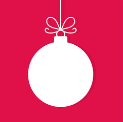 Wall Mural - Christmas ball hanging ornament on red background. White Christmas bauble with copy space for design. Vector illustration.
