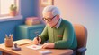 © kabzarchyk - 3D illustration of a smiling white senior grandfather signing his last will and testament. Concept of estate planning, retirement, and preparing a family legacy.