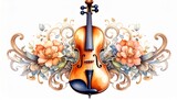 Watercolor Violin with Floral Accents on White Background Decorative Design