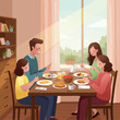 © emyillustrator - A happy family enjoys a morning breakfast together at a sunlit dining table, sharing warm conversation and creating daily memories in their cozy home setting