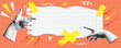 © Logvin art - A trendy halftone banner with pointing hands and empty part of a torn sheet of paper. Space for your text. A creative Y2K style collage for social media, postcards, and advertising