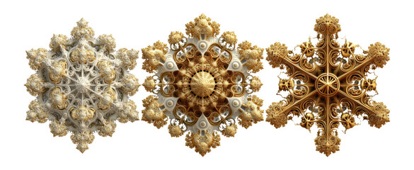 Intricate Golden Decorative 3D Objects with Detailed Patterns and Shapes