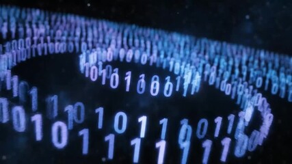 Close-up of a swirling pattern of blue binary code on a dark background with a shallow depth of field.