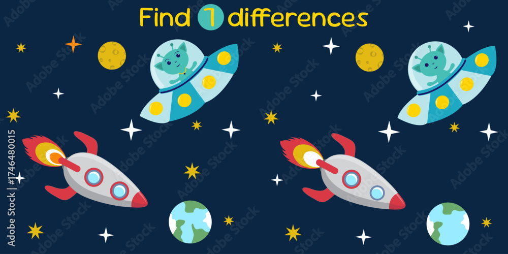Find the 7 Differences, educational game for kids, puzzle, space with a ...